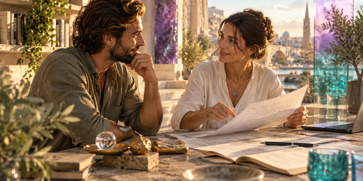 A man and a woman openly discussing documents at a table — honesty in cooperation