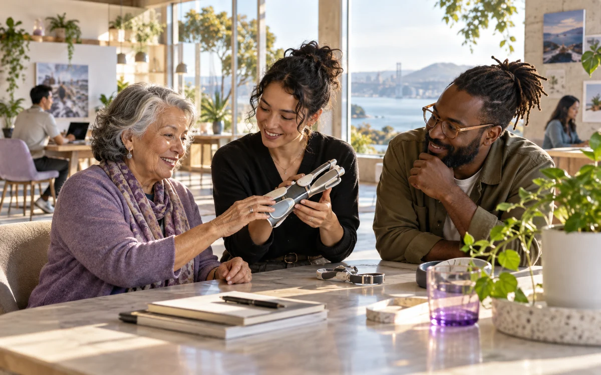 People exploring helpful technology in a bright contemporary innovation studio